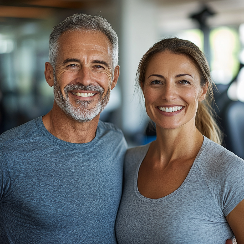 Мъж на 52 години и жена на 55 години се усмихват след завършване на успешна тренировка, показвайки удовлетворение и енергия