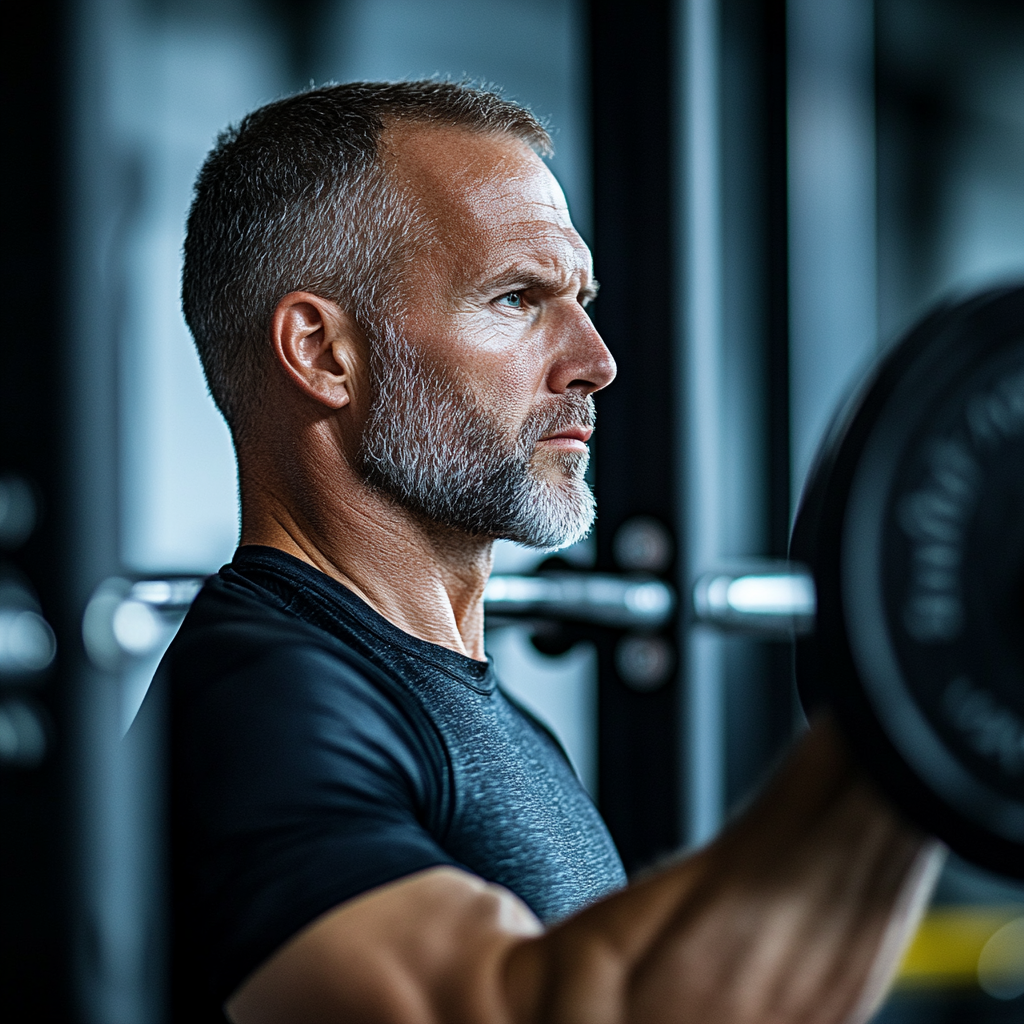 Мъж на 55 години извършва силова тренировка с щанга в модерна спортна зала, показвайки отличната си форма и концентрация