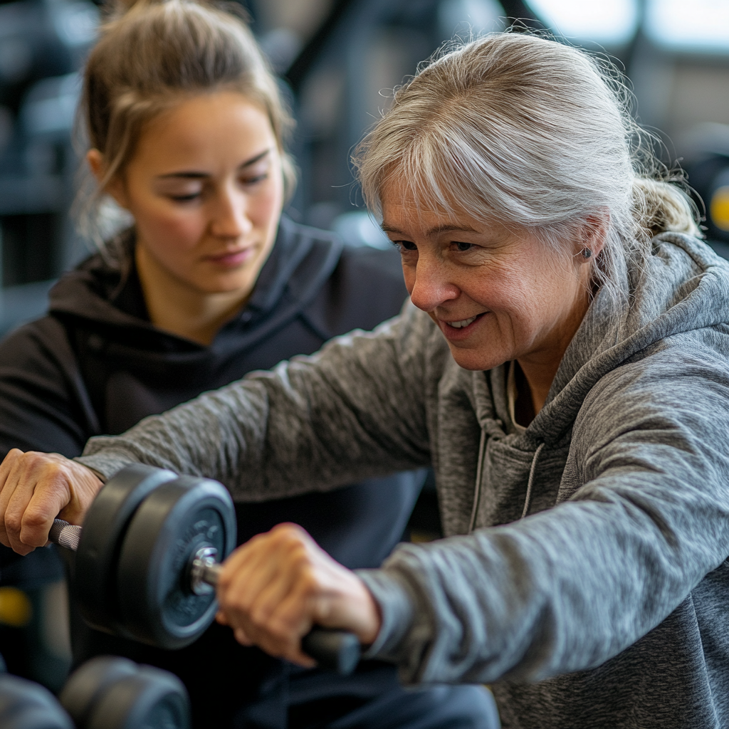 Жена на 58 години работи с персонален треньор в спортната зала, фокусирайки се върху правилната техника при упражненията с дъмбели
