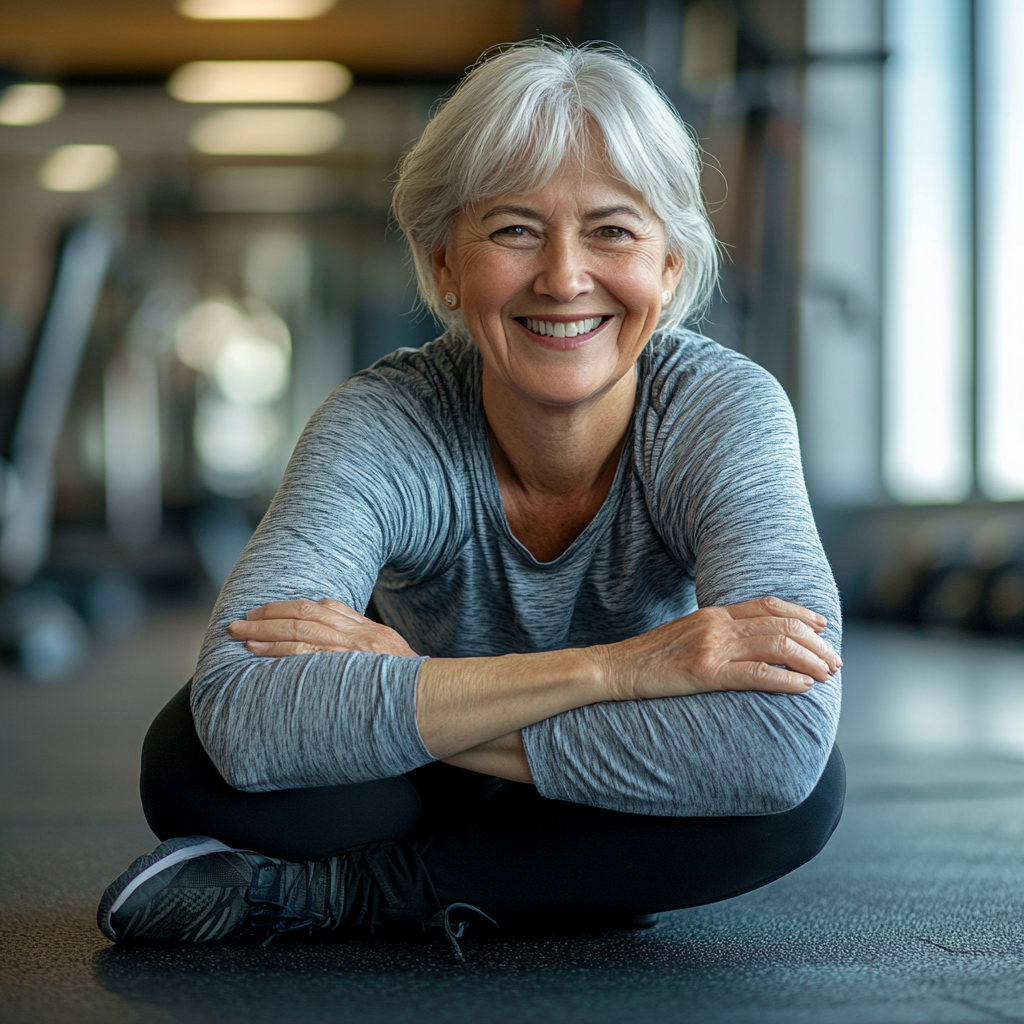 Усмихната жена на 60 години се протяга в спортната зала след завършена тренировка, демонстрирайки гъвкавост и удовлетворение